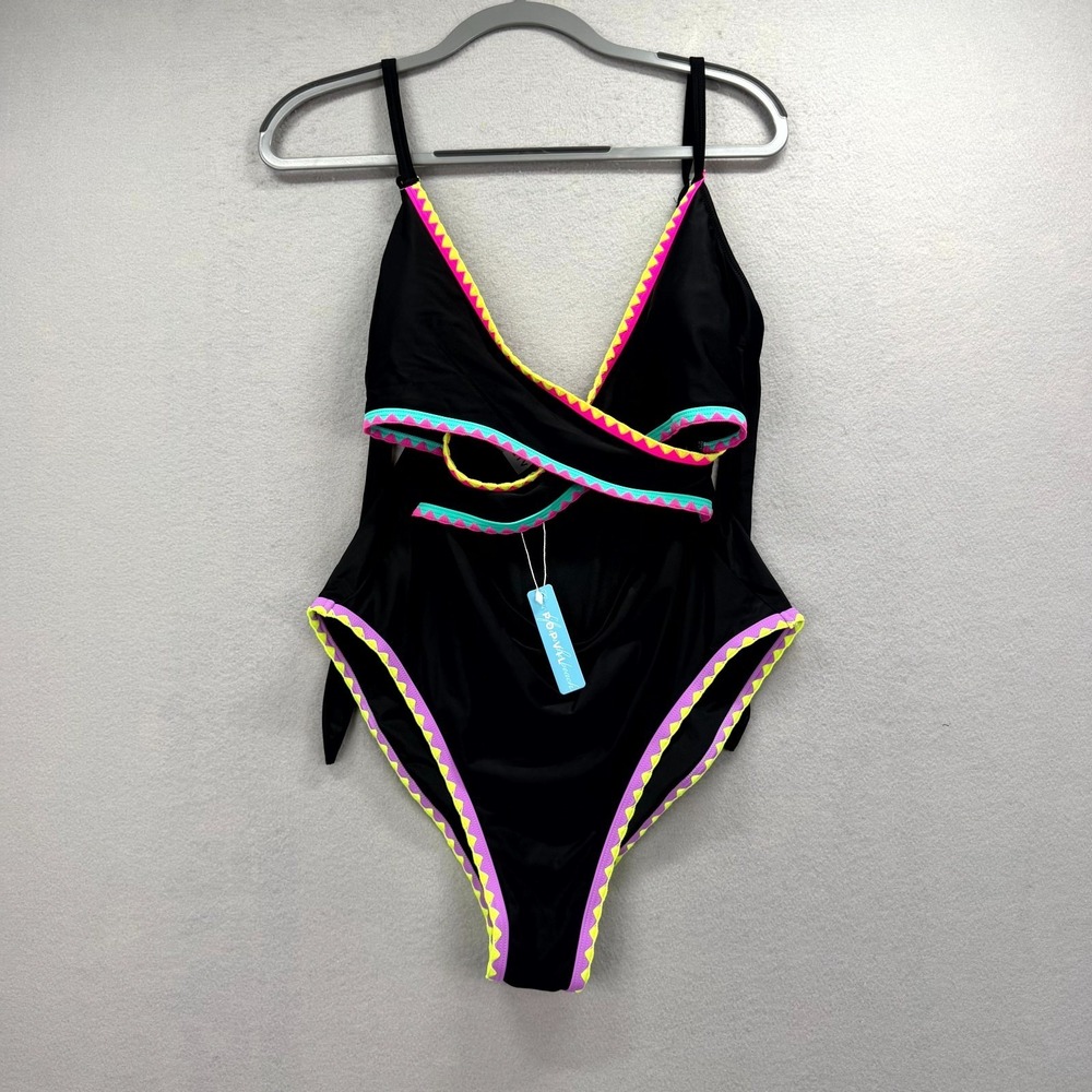 PVIL Tummy Control One Piece Swimsuit Women XL Black Neon Shell Stitch Cut-Out